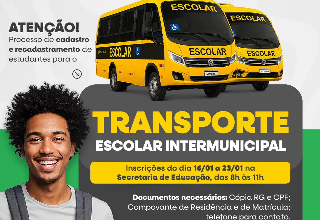 Atenção, estudantes e responsáveis!, Estão abertos os novos cadastros e recadastramentos, para o Transporte Escolar Intermunicipal.