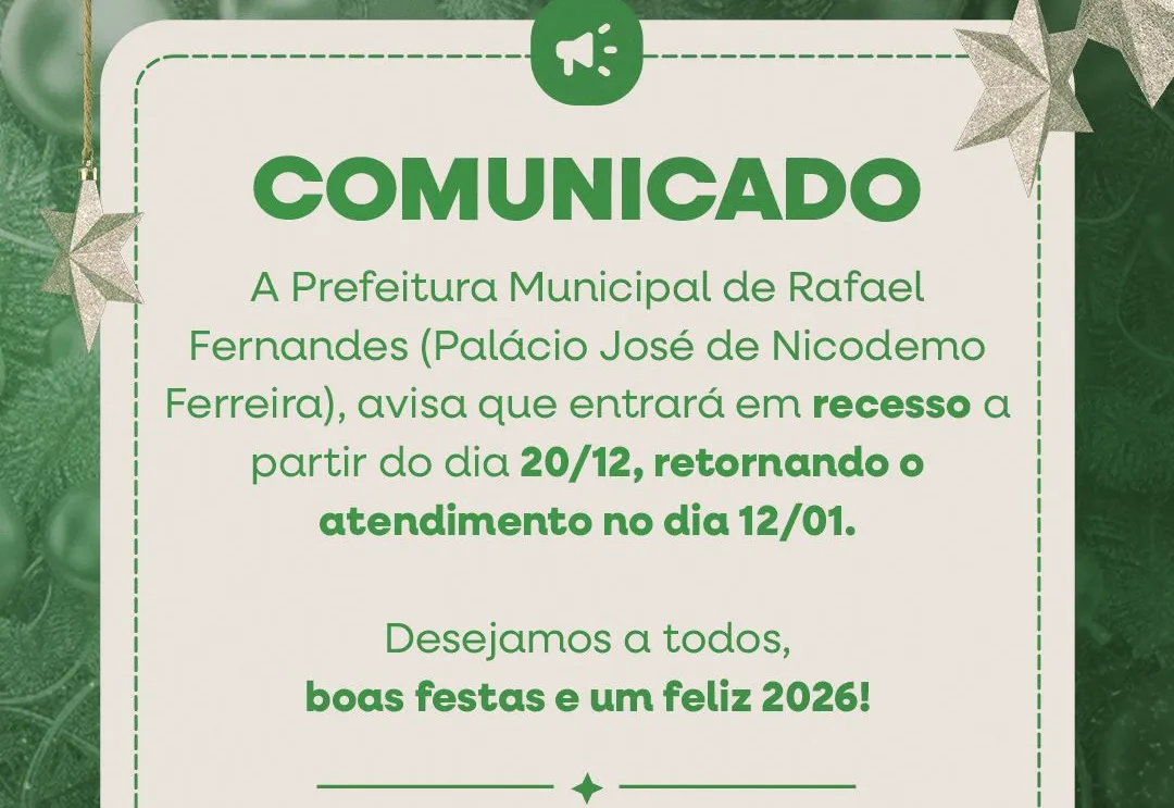 Prefeitura entrará em recesso de fim de ano, e atendimento ao público terá retorno no dia 12/01
