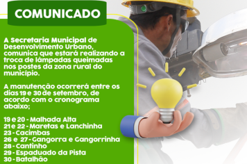 Secretaria Municipal de Desenvolvimento Urbano fará troca de lâmpadas queimadas na zona rural
