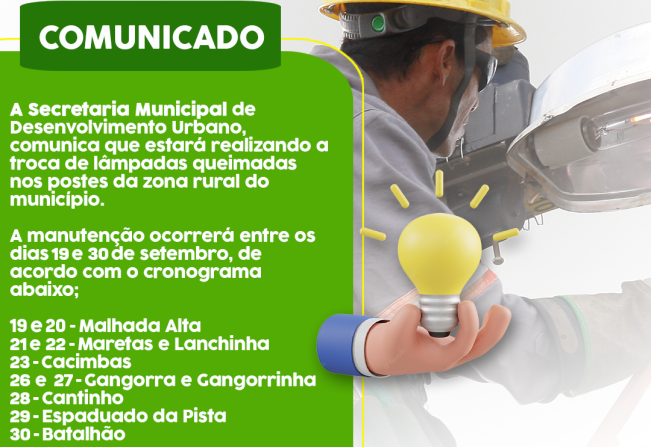 Secretaria Municipal de Desenvolvimento Urbano fará troca de lâmpadas queimadas na zona rural