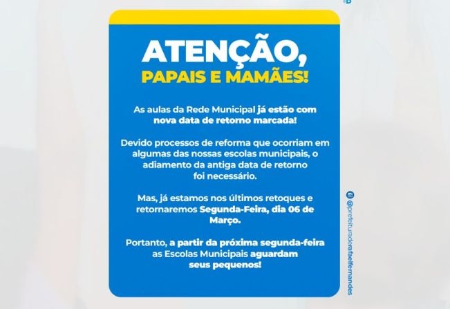 Rede municipal de ensino: Volta as aulas acontecerá na próxima segunda dia 06 de março