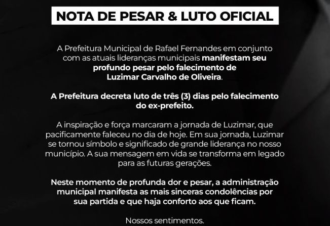 Prefeitura decreta luto oficial pelo falecimento do ex-prefeito Luzimar Carvalho