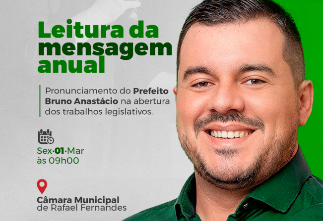 Prefeito Bruno Anastácio fará a leitura da mensagem anual nesta sexta (01/03)