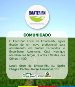 Read more about the article Escritório local da Emater-RN terá novo técnico para atendimento em Rafael Fernandes