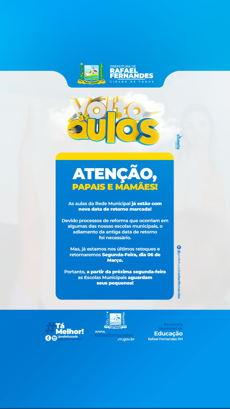 Read more about the article Rede municipal de ensino: Volta as aulas acontecerá na próxima segunda dia 06 de março